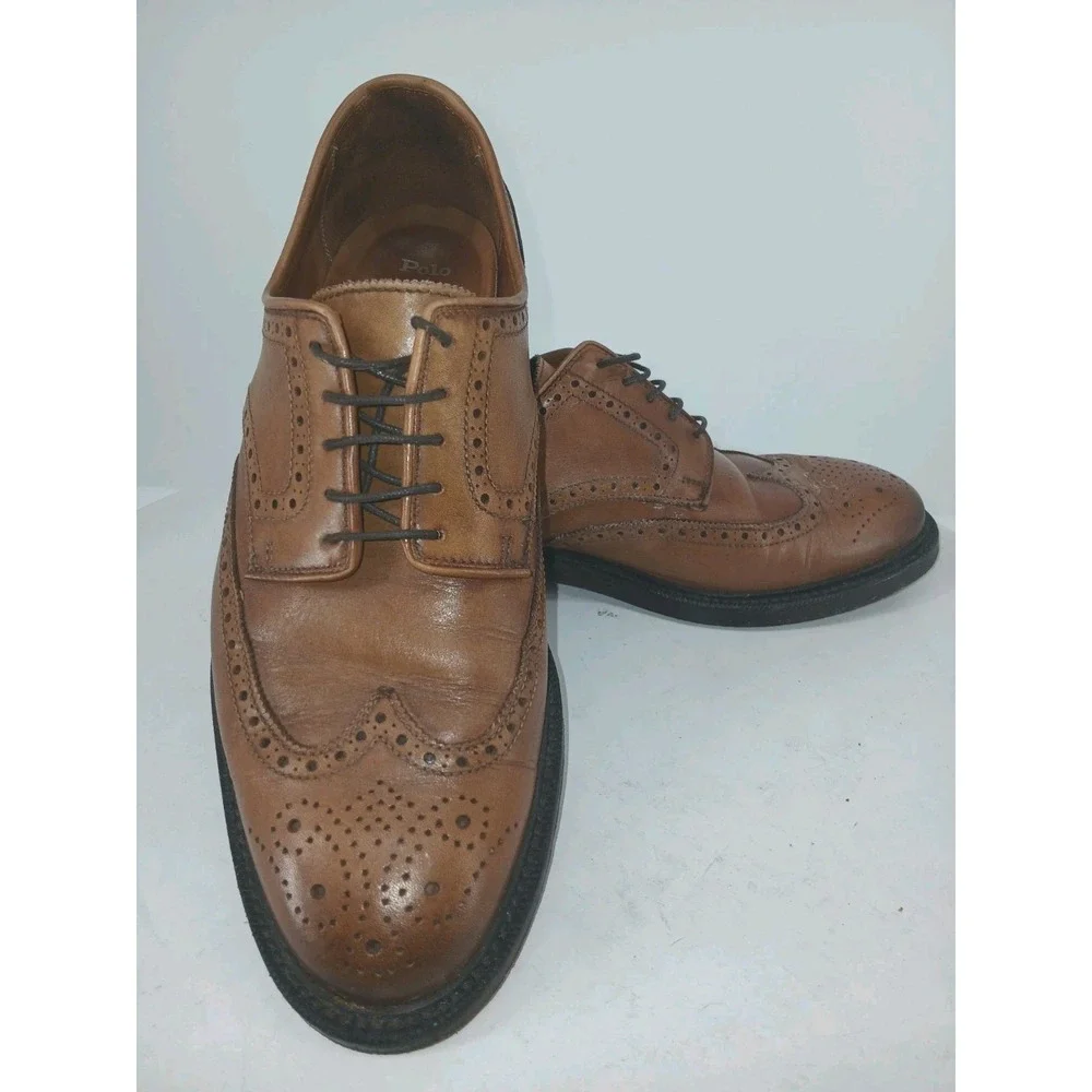 Polo Ralph Lauren Brenton Leather Wingtip Tobacco Brown Dress Shoes 10D C116